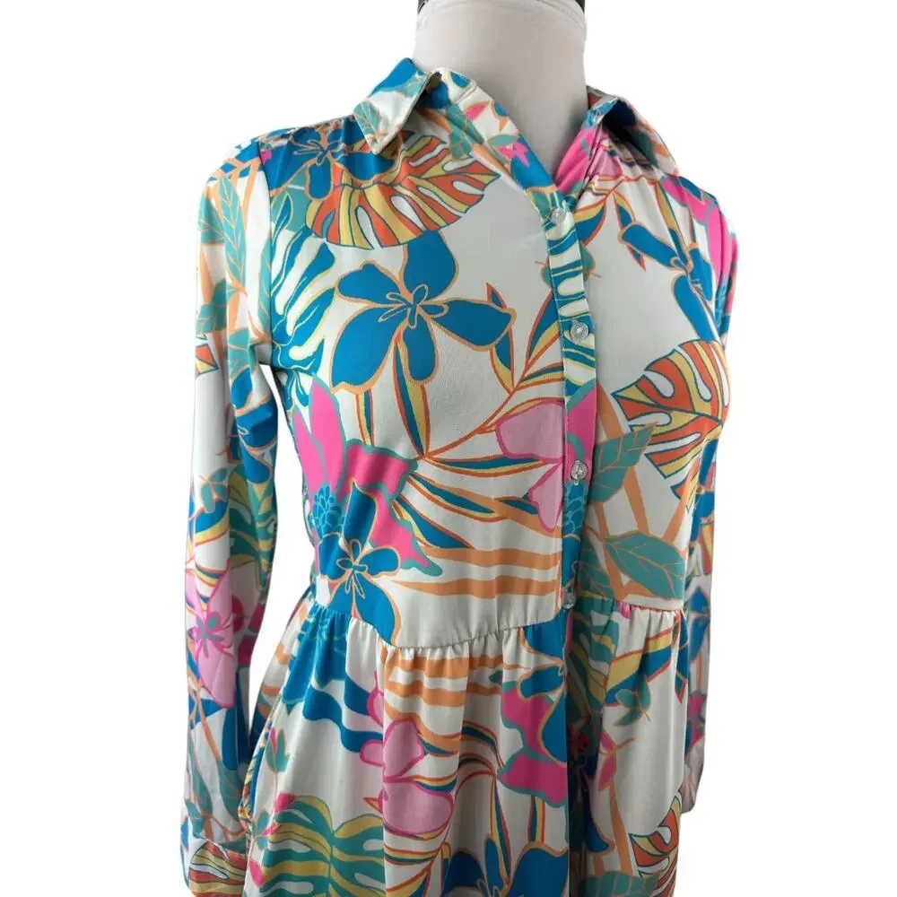 Tolani Long Sleeve Collared Maxi Dress W/ Pockets Tropical Print XS Oversized - Picture 5 of 14